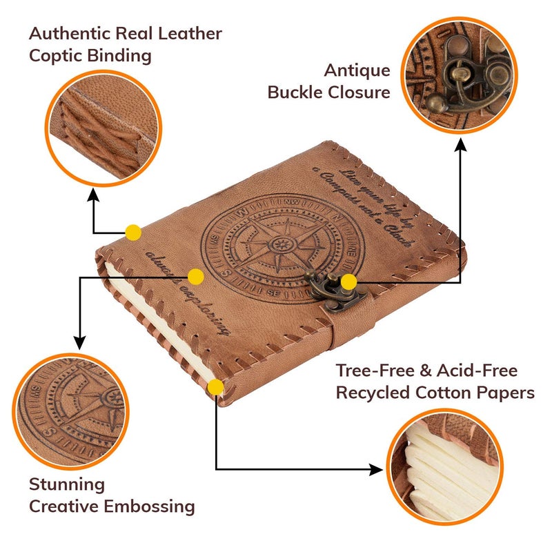 CREATIVE LEATHER ART Compass Journal, Compass Emboss Leather Journal, 240 Pages Handmade Paper Journal, Leather Notebook, Leather Sketchbook, Leather Journal for Men, Leather Journal for Women - Image 2